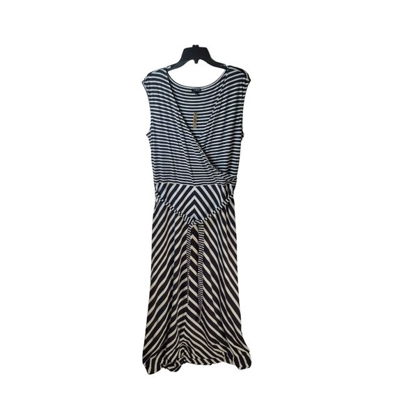 TALBOTS MAXI DRESS-Black/White Striped Belted Cotton/Modal Knit Sleeveless plus - Picture 1 of 7